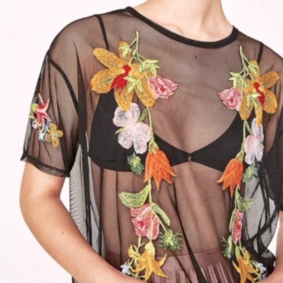 Zara Tops - NWOT ZARA Mesh Floral Embroidered Black Shirt Women's Small Semi Sheer Y2K Retro